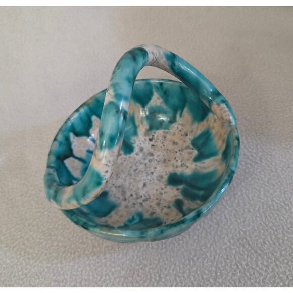 Terracotta Pottery Art Glazed Basket Green White Drip Paint Made Italy Numbered - Picture 2 of 9